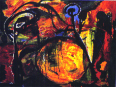 von der Erschaffung der Welt, Ines Vierling, 1995, l auf Hartfaser, 128 cm x 165 cm